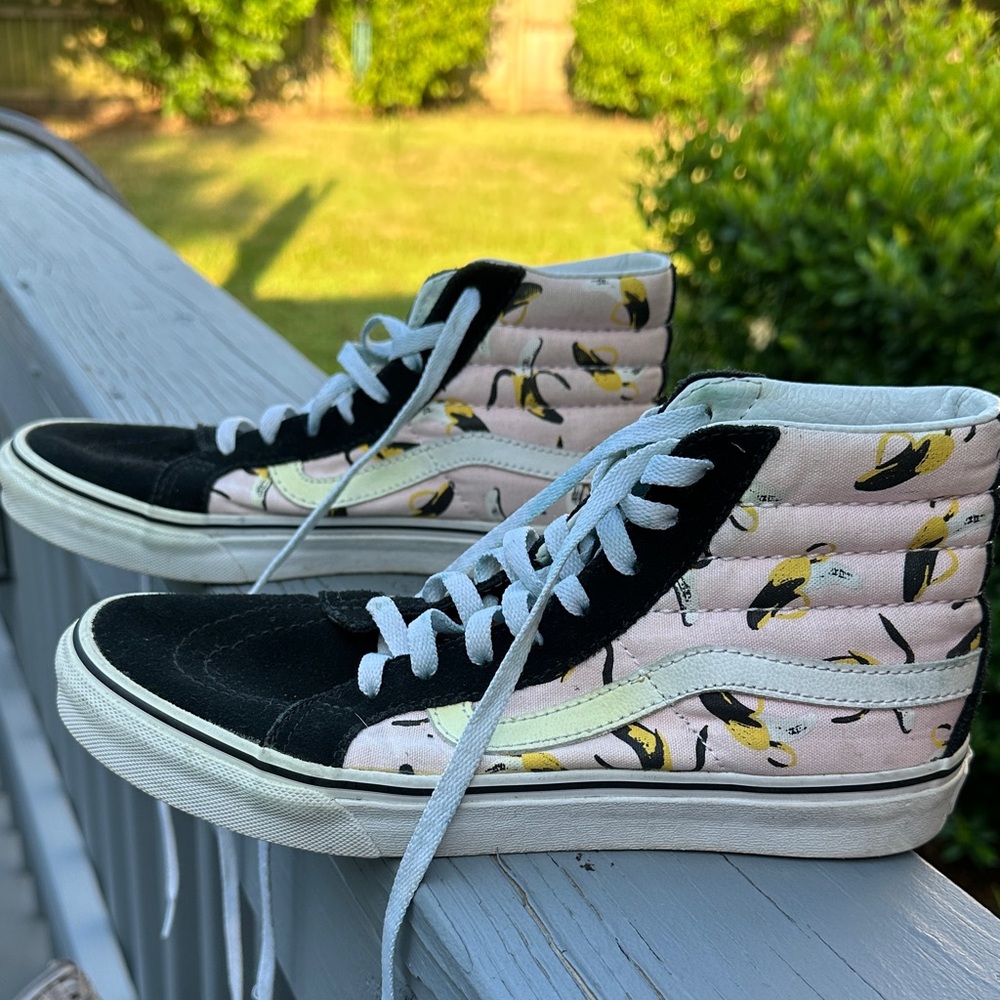 Vans Black and Pink High-Tops with Bird Design
